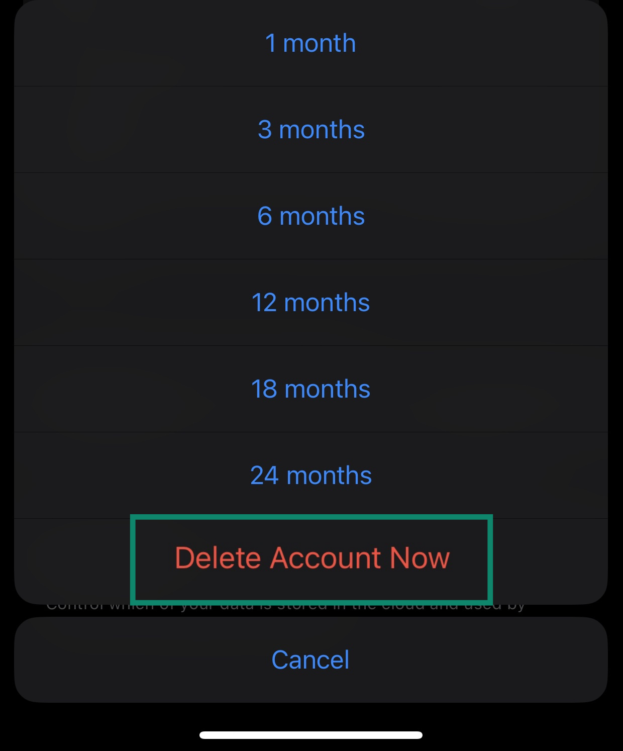 The Telegram "Delete Account Now" button on iPhone.