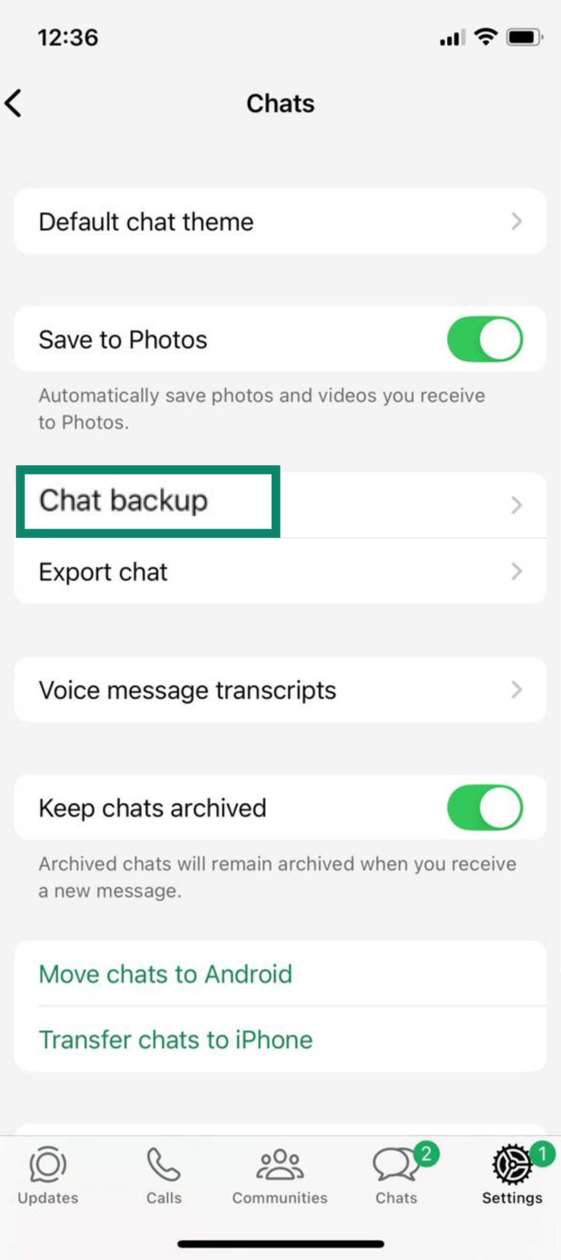 Chats settings screen on iPhone with Chat backup option highlighted
