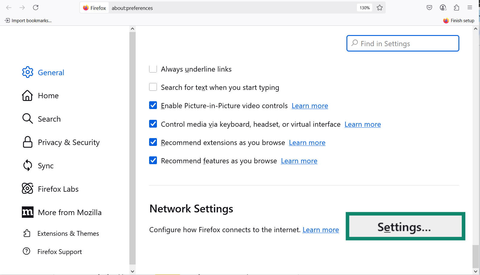 The Firefox Settings menu scrolled down to the bottom, with Network Settings highlighted.