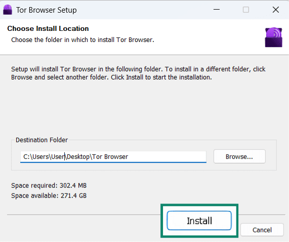 The installation window for the Tor browser.