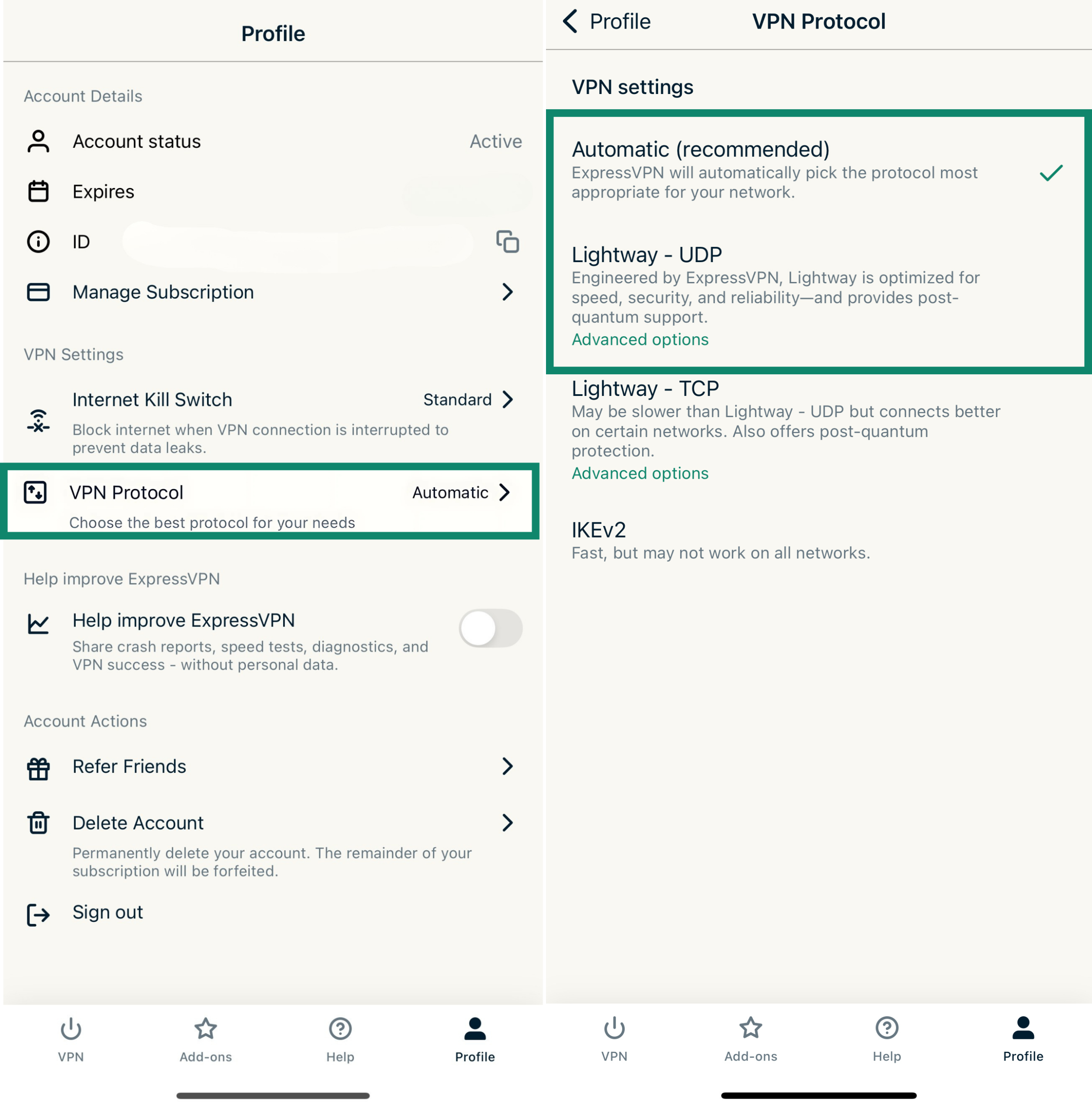 On the left: ExpressVPN profile settings showing account status, VPN protocol, and account actions; on the right: VPN Protocol settings screen with Automatic selected and Lightway protocol options displayed.