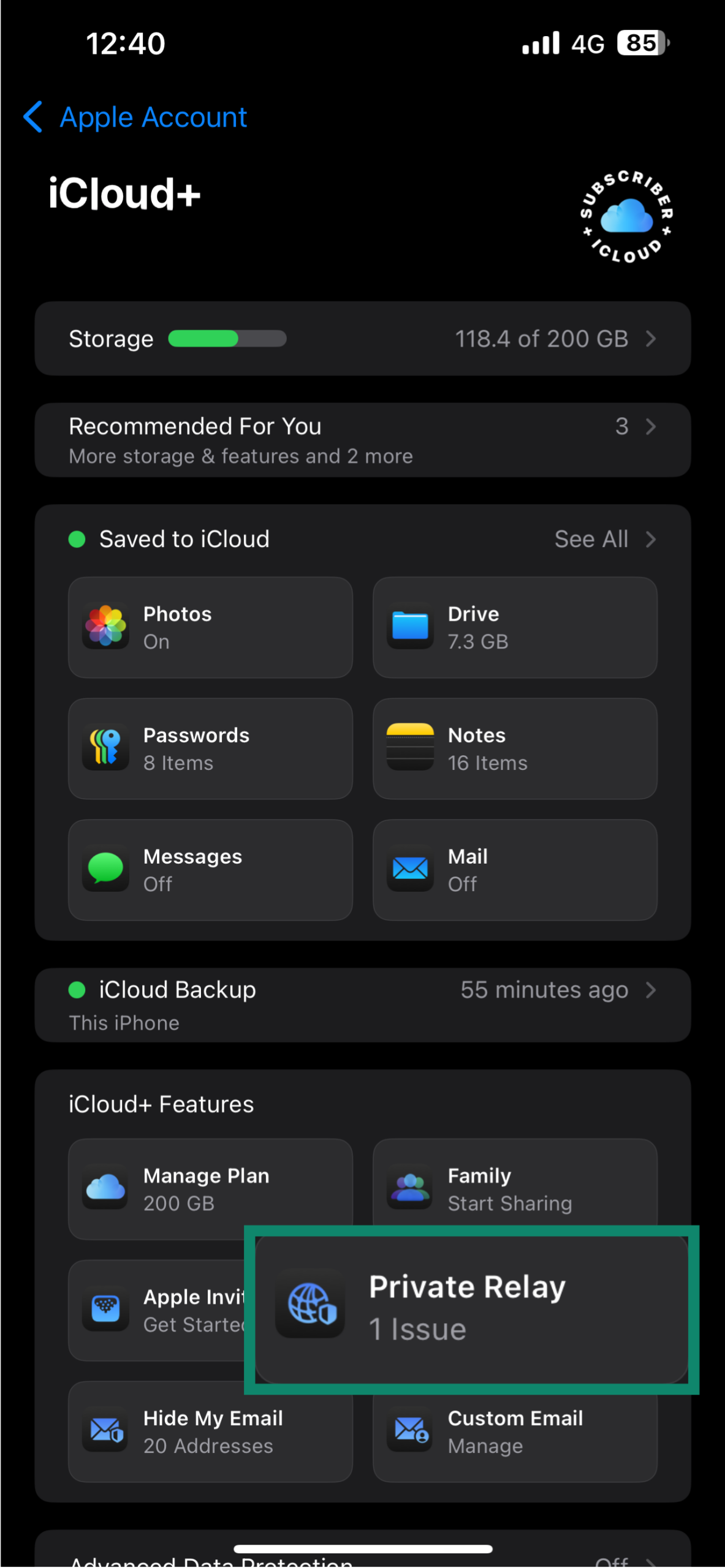 iCloud settings menu, showing the Private Relay option.