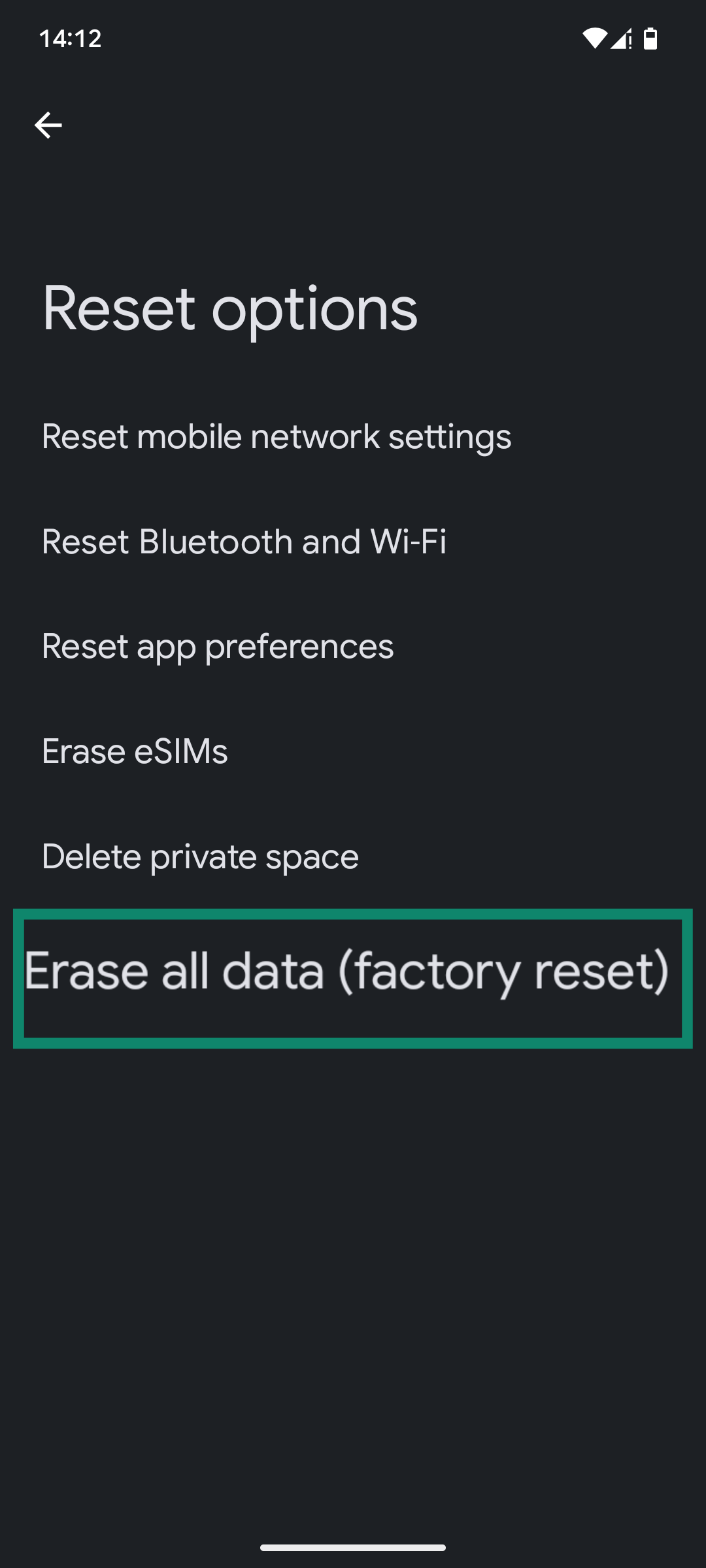 The Reset options menu of an Android phone, with the "Erase all data (factory reset)" option highlighted.