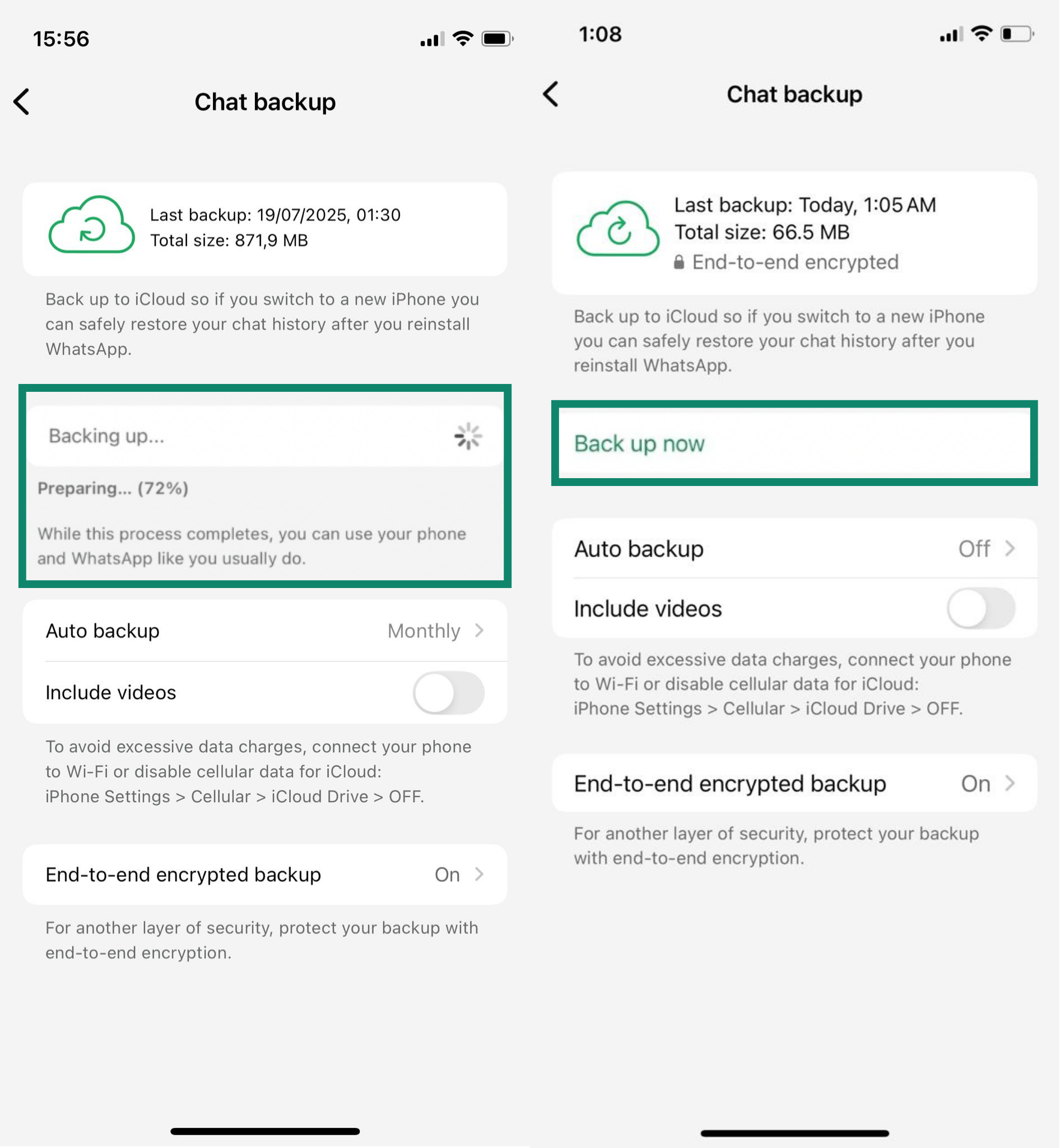 WhatsApp preparing the encrypted chat backup and the "Back up now" option highlighted.