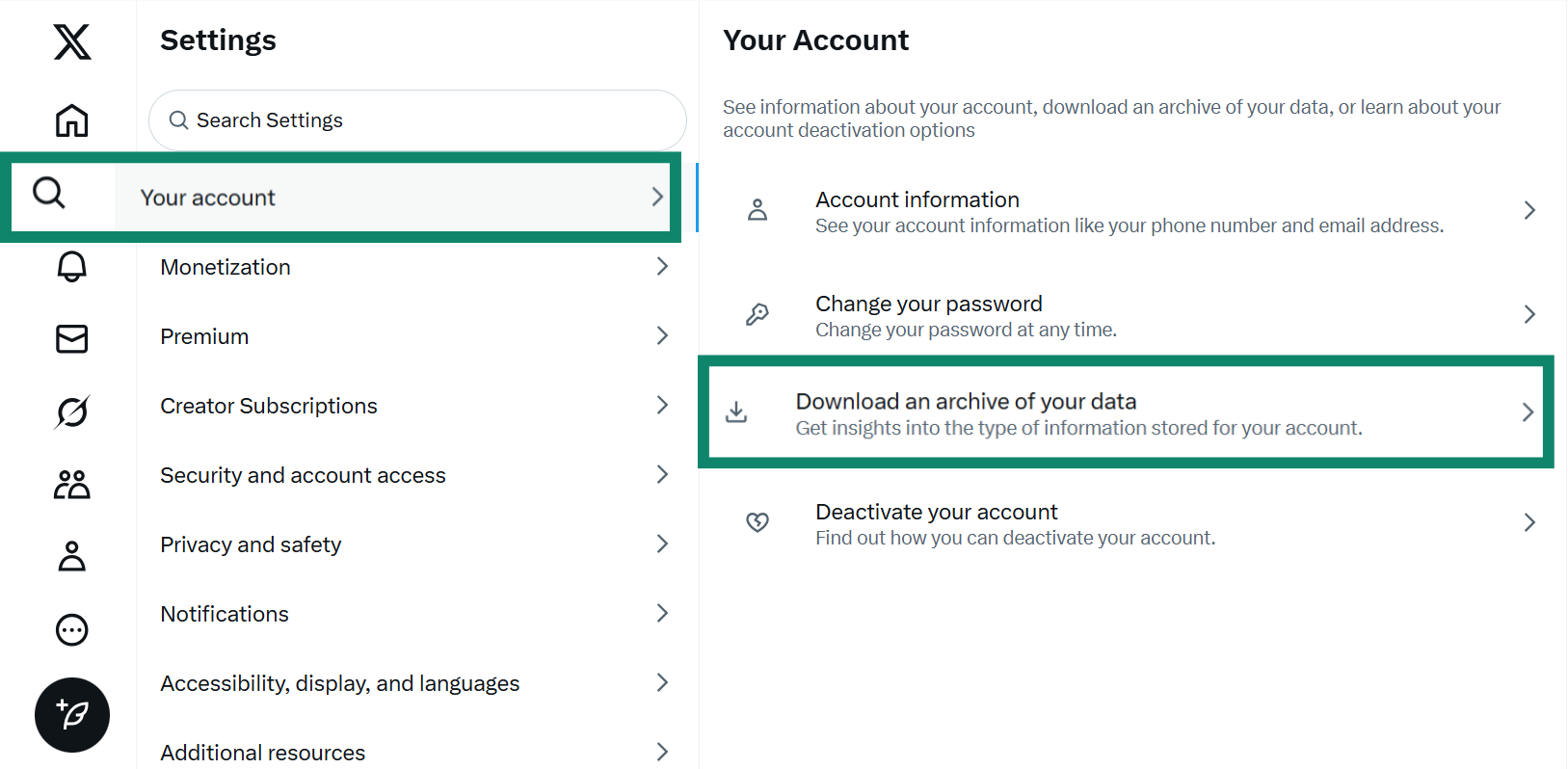 Two side-by-side screenshots of the X settings menu. The first shows "Your account" selected, and the second shows the "Download an archive of your data" option highlighted.
