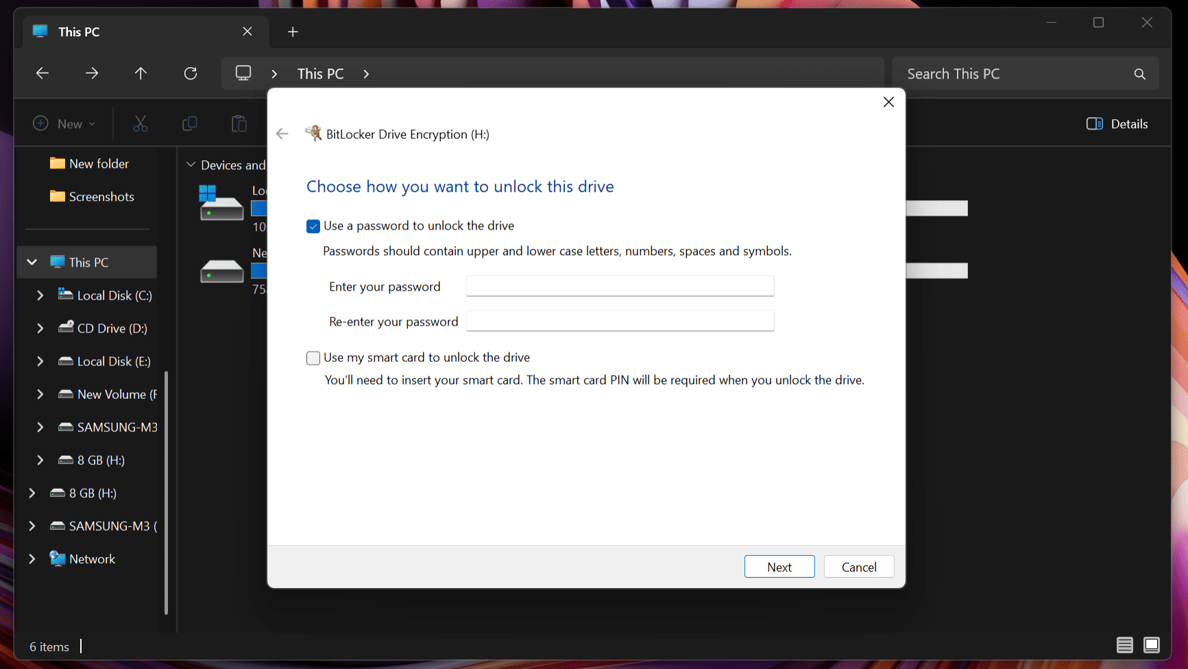 BitLocker screen for setting an encryption password.
