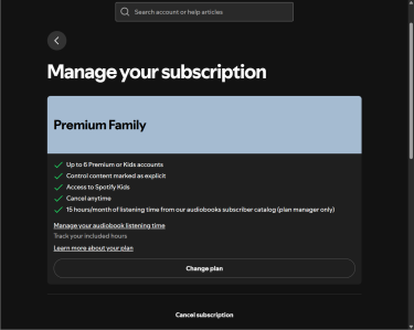 A screenshot showing the management options for a Spotify Premium Family plan.
