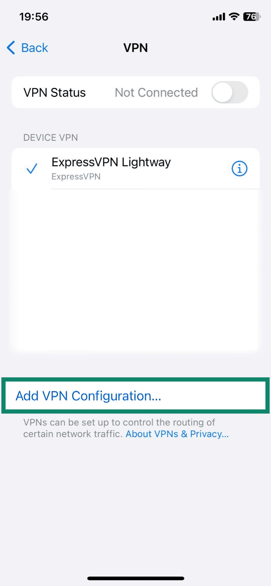 Screenshot of the iPhone VPN menu, with the “Add VPN Configuration” option visible and highlighted.