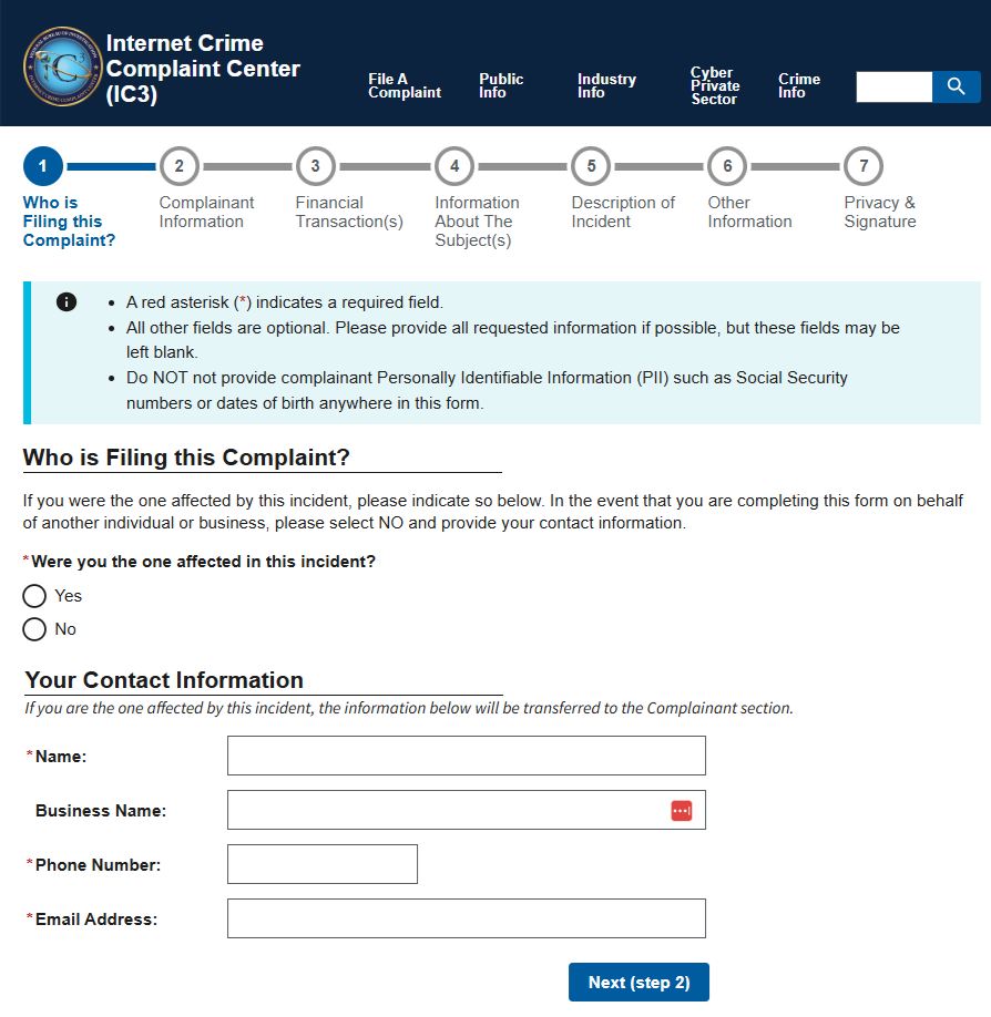 A visual guide detailing the required fields for reporting a website to the Internet Crime Complaint Center (IC3).