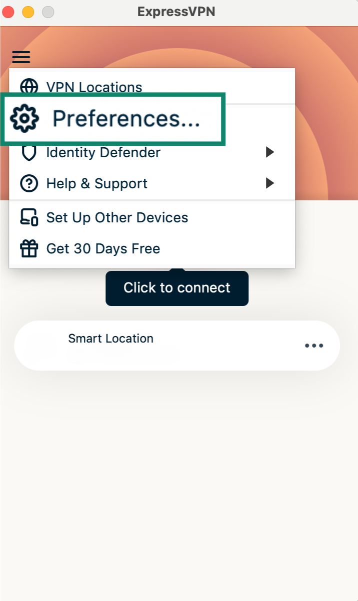 ExpressVPN menu on Mac with Preferences highlighted