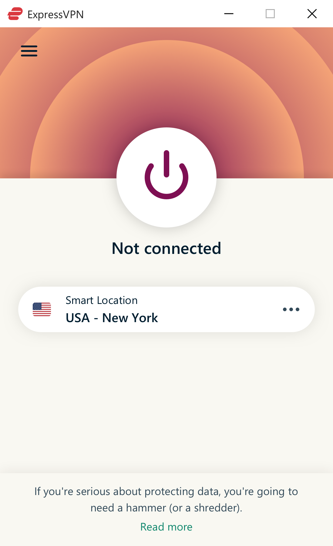 ExpressVPN app window with the Connect button