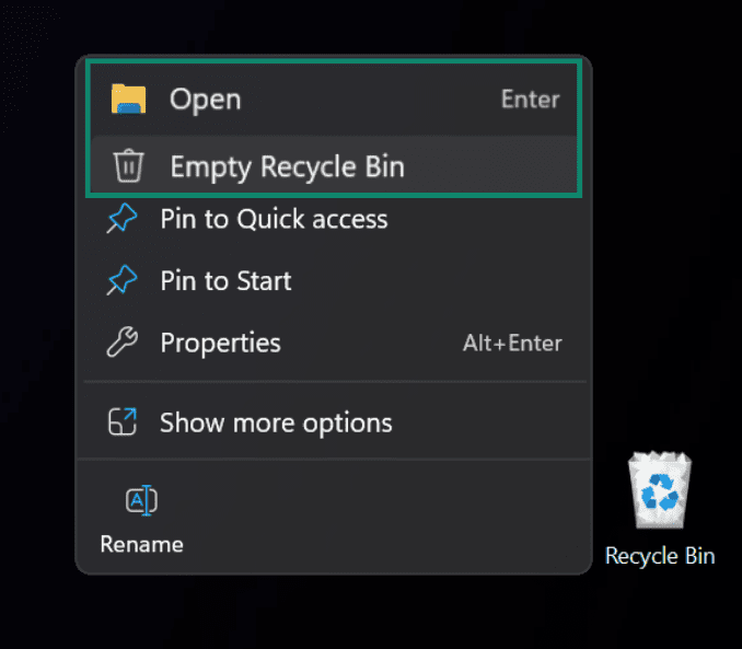 Windows 11 dropdown menu with the options to open the Recycle Bin and empty it highlighted