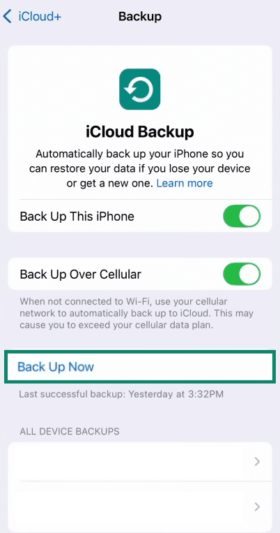 The iCloud Backup screen, showing the Back Up Now button.
