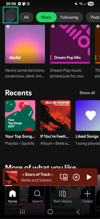 The Spotify mobile app with the user's profile picture highlighted.