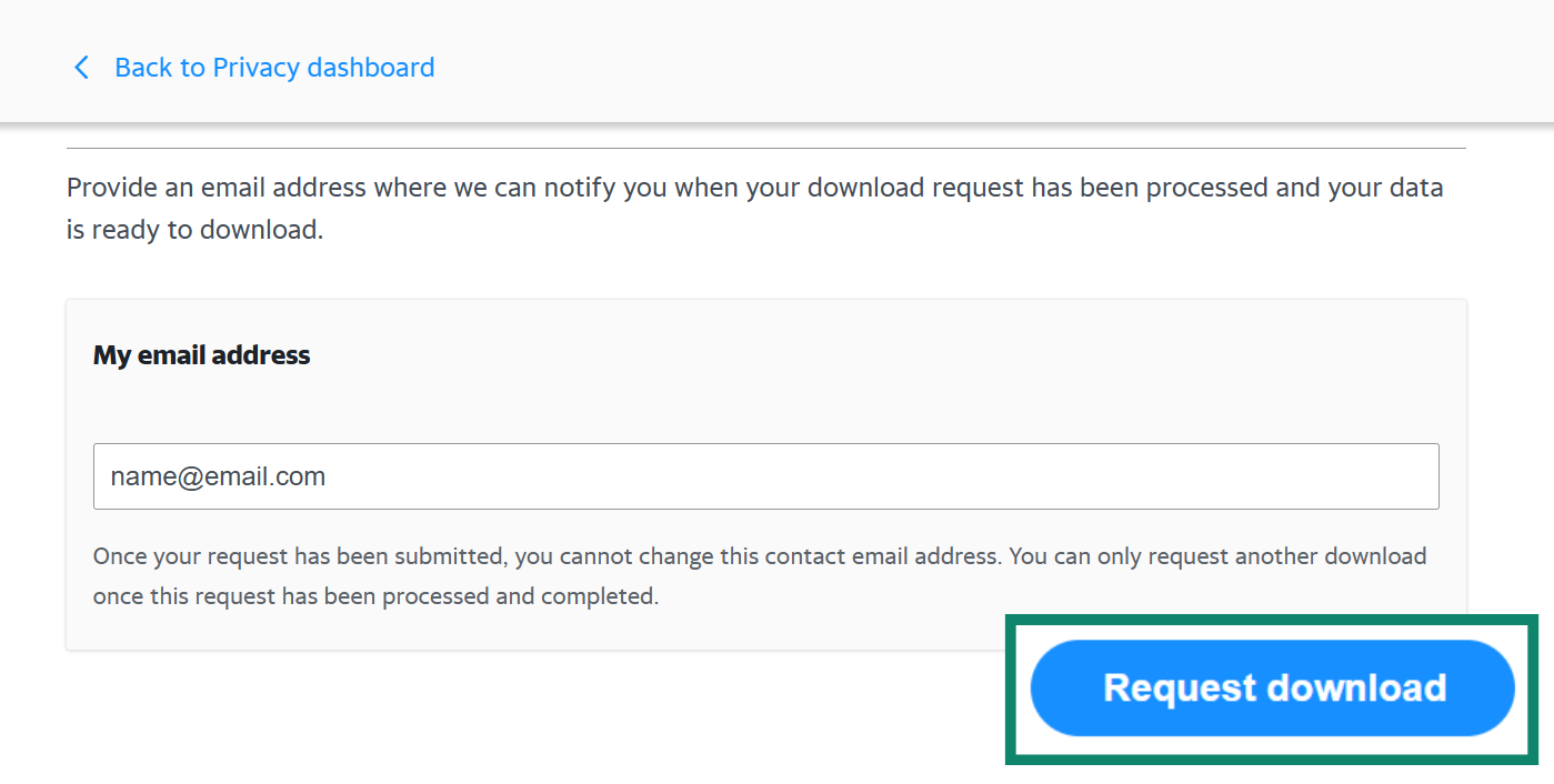 The Yahoo data download confirmation screen, showing the field to enter a notification email and the highlighted Request download button.