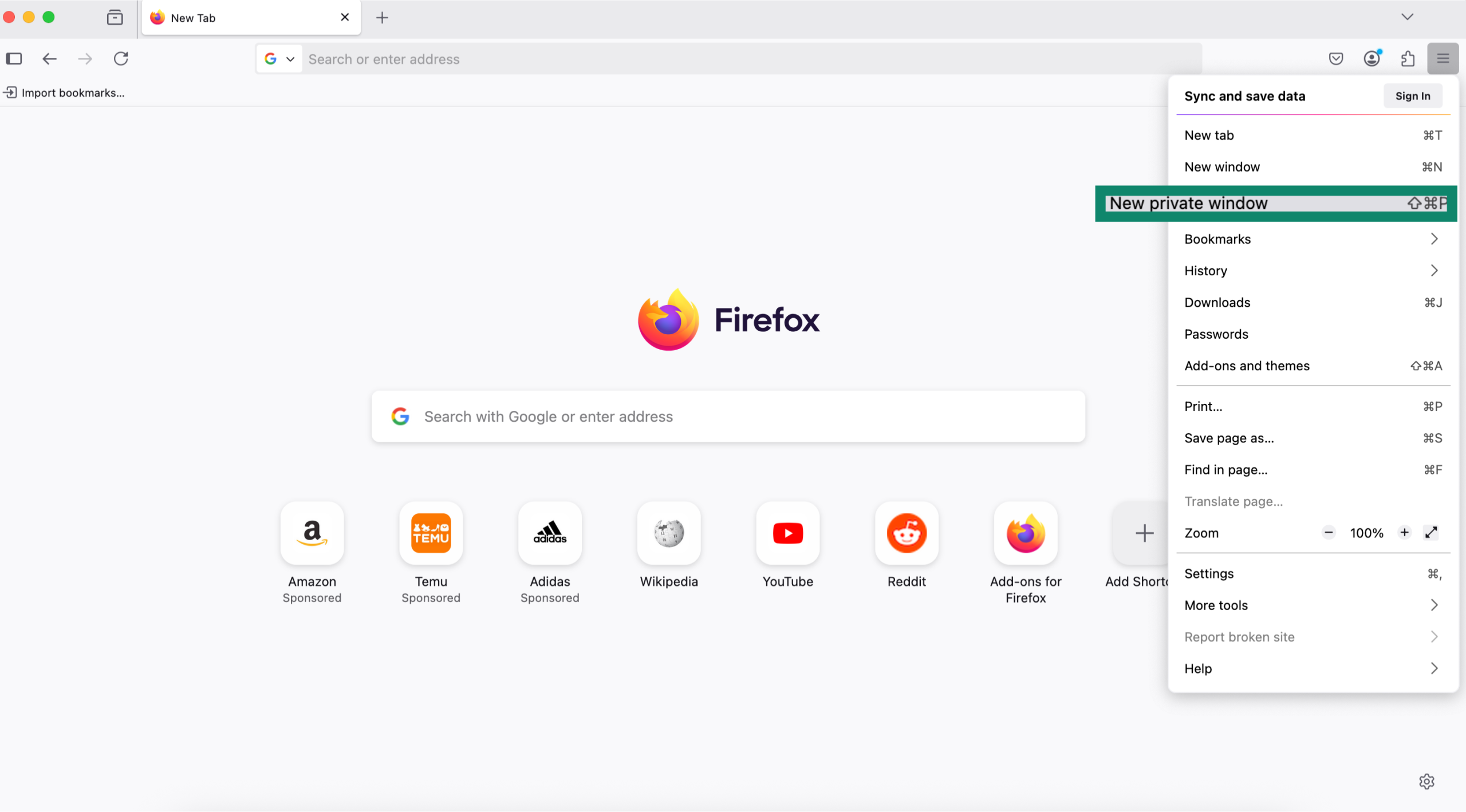 New private window option highlighted in Firefox desktop browser menu