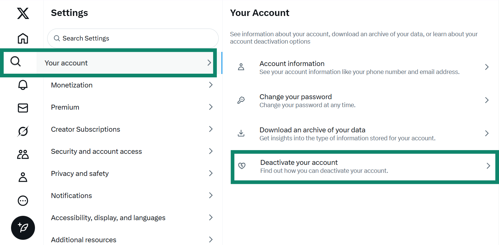 Two side-by-side screenshots of the X settings menu. The first shows "Your account" selected, and the second shows the "Deactivate your account" option highlighted.