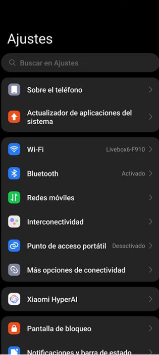 The main page of the Settings app on an Android phone.