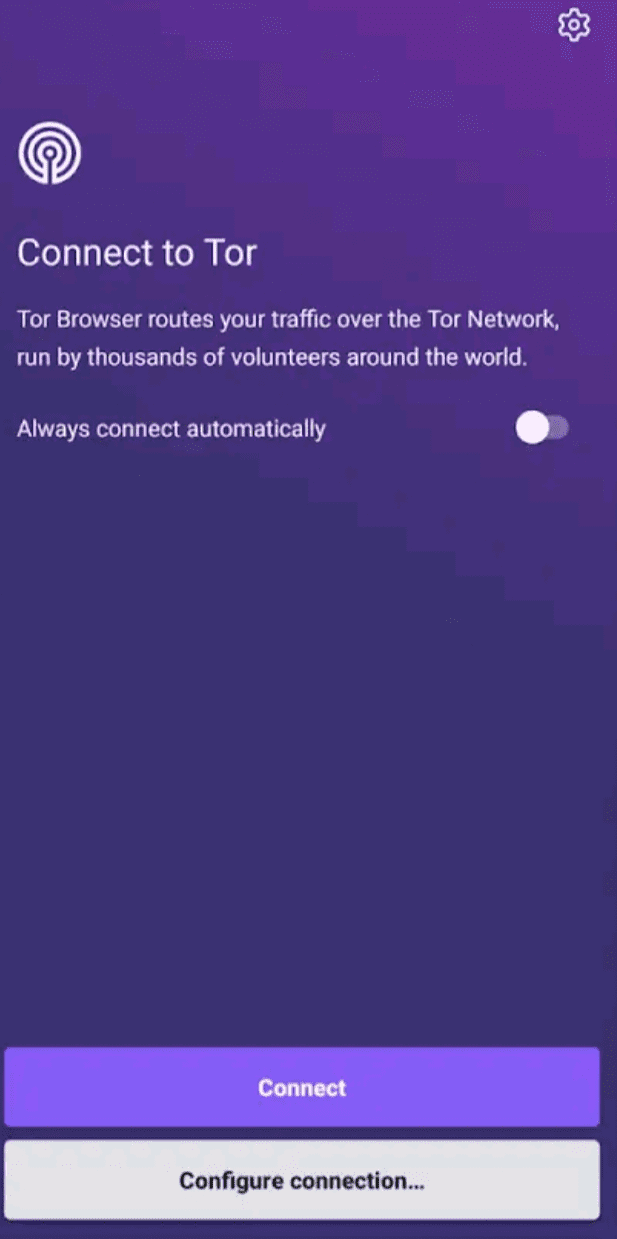 The Connect to Tor page of the Android Tor Browser app, showing the Connect button.