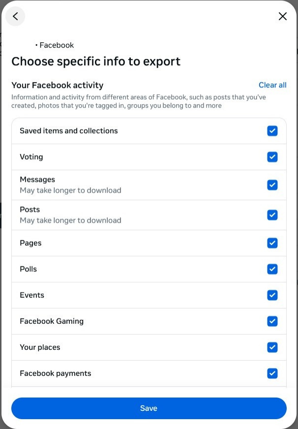 Facebook choosing what activity information to export.