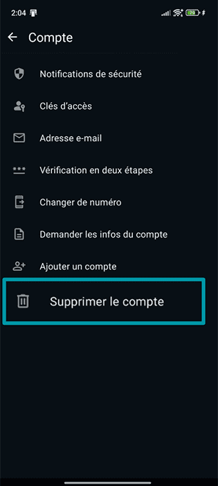 The Account page of the WhatsApp settings menu, showing the Delete account button.
