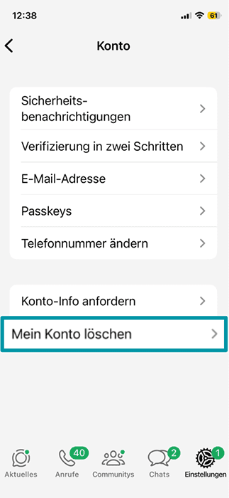The iPhone WhatsApp app, showing the Delete my account button.