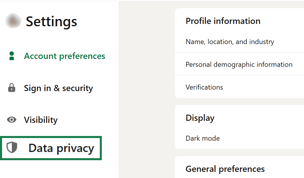 The main LinkedIn Settings page, with the