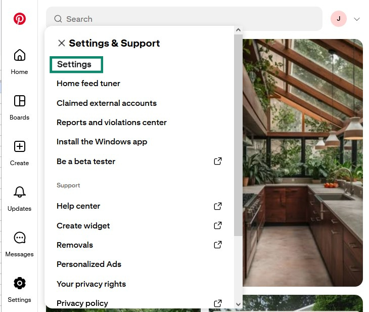 Pinterest settings menu with the Settings button highlighted.