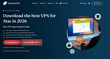ExpressVPN download page for the Mac app, with a highlighted "Download Mac VPN" button.