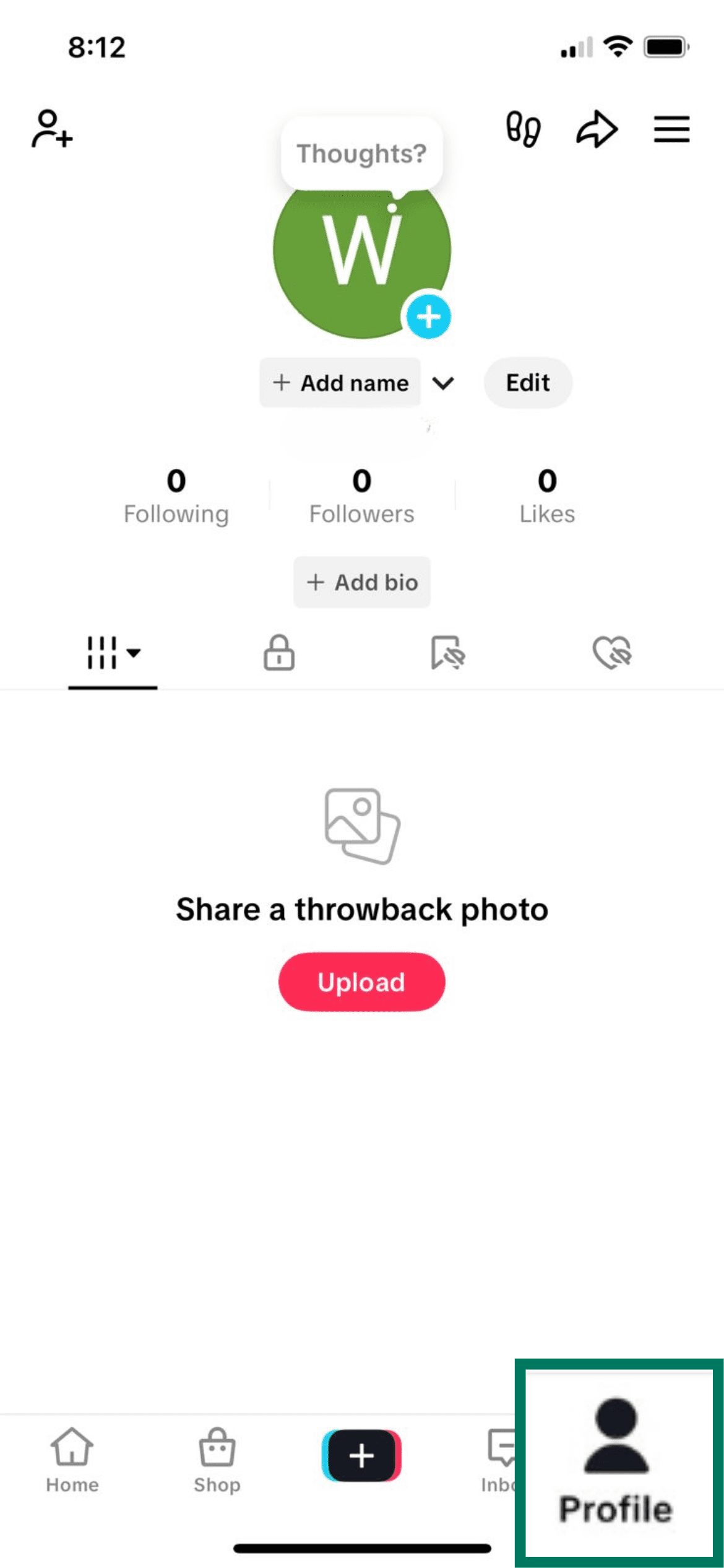 TikTok mobile profile page with the Profile tab highlighted in the bottom navigation bar.