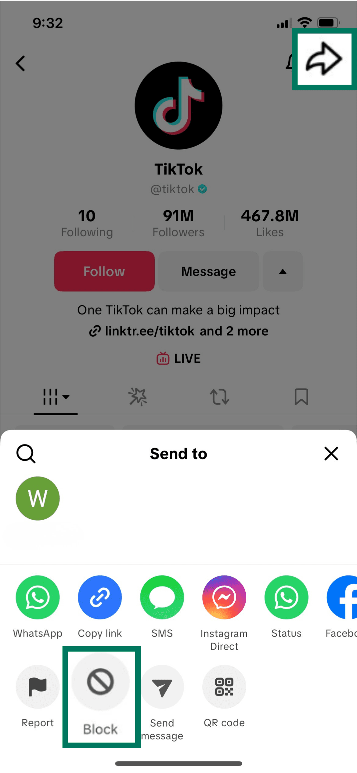 TikTok profile share menu on iPhone with the Block option highlighted in the action row.