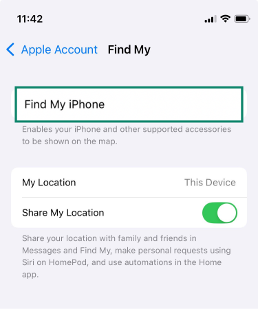 The Find My iPhone settings on an iPhone.