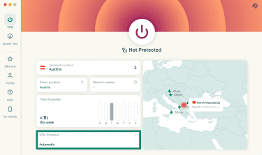 ExpressVPN app on macOS, with a highlighted "VPN Protocol" option.