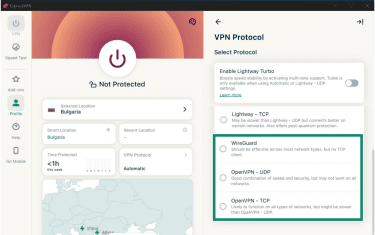 ExpressVPN's protocol list on Windows, highlighting the WireGuard option, as well as OpenVPN-UDP and OpenVPN-TCP.