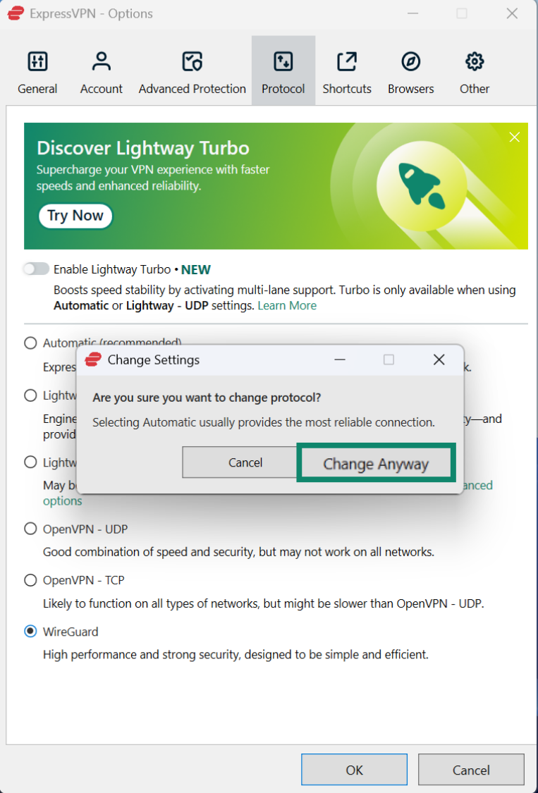 The Change Anyway prompt when choosing a protocol on the ExpressVPN app for Windows.