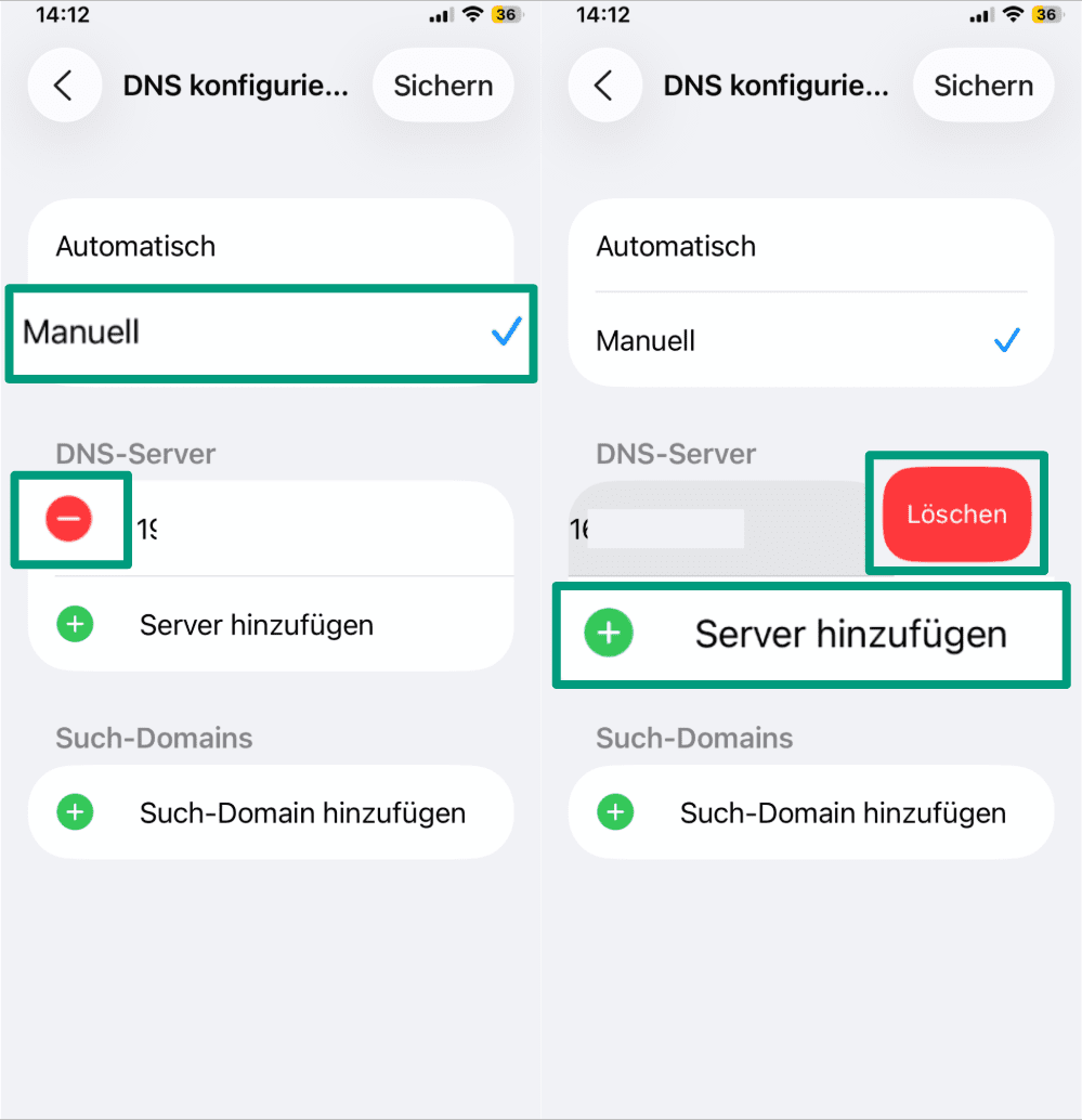 iOS Configure DNS settings with the Manual configuration selected and the Delete, Add Server, and Remove server buttons highlighted