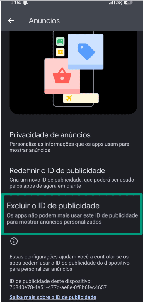 A screenshot of the Ads settings in the Android Settings app, showing the option to Delete advertising ID.