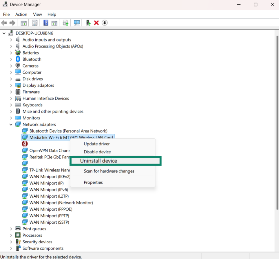A screenshot of the Device Manager menu, showing the option to uninstall a Wi-Fi adapter.