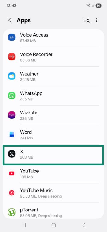 App menu on Android, showing "X" highlighted.