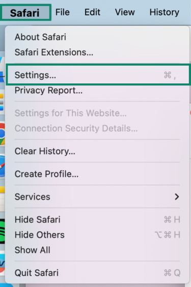 Safari menu on Mac, with the "Settings" option highlighted.