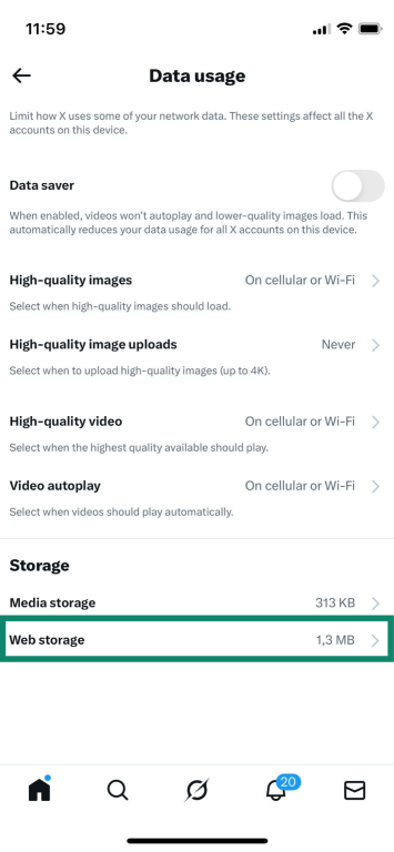 "Web storage" option highlighted in Data usage settings on X.