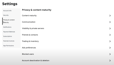 The main settings page in roblox, with the 'privacy & content maturity' tab selected on the left-hand navigation menu.