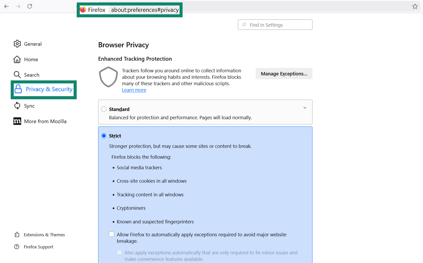 Open about:preferences and click on Privacy & Security.