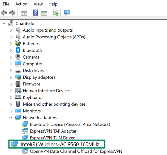 Device Manager with Network adapters expanded and Intel Wireless-AC 9560 selected.