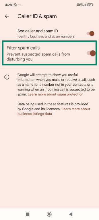 Android Caller ID & spam screen, with Filter spam calls highlighted.