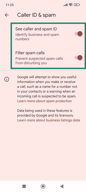 Android Caller ID & Spam settings screen with the ‘See caller and spam ID’ and 'Filter spam calls' toggles switched on.
