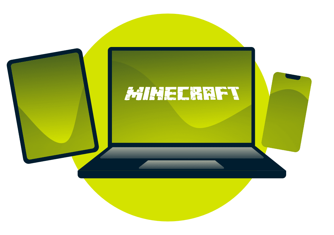 A variety of devices with the Minecraft logo.