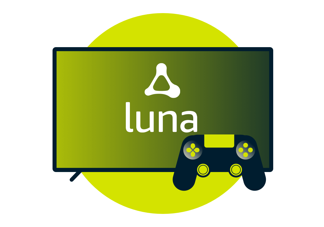 Logotipo do Amazon Luna na tela com um controlador.