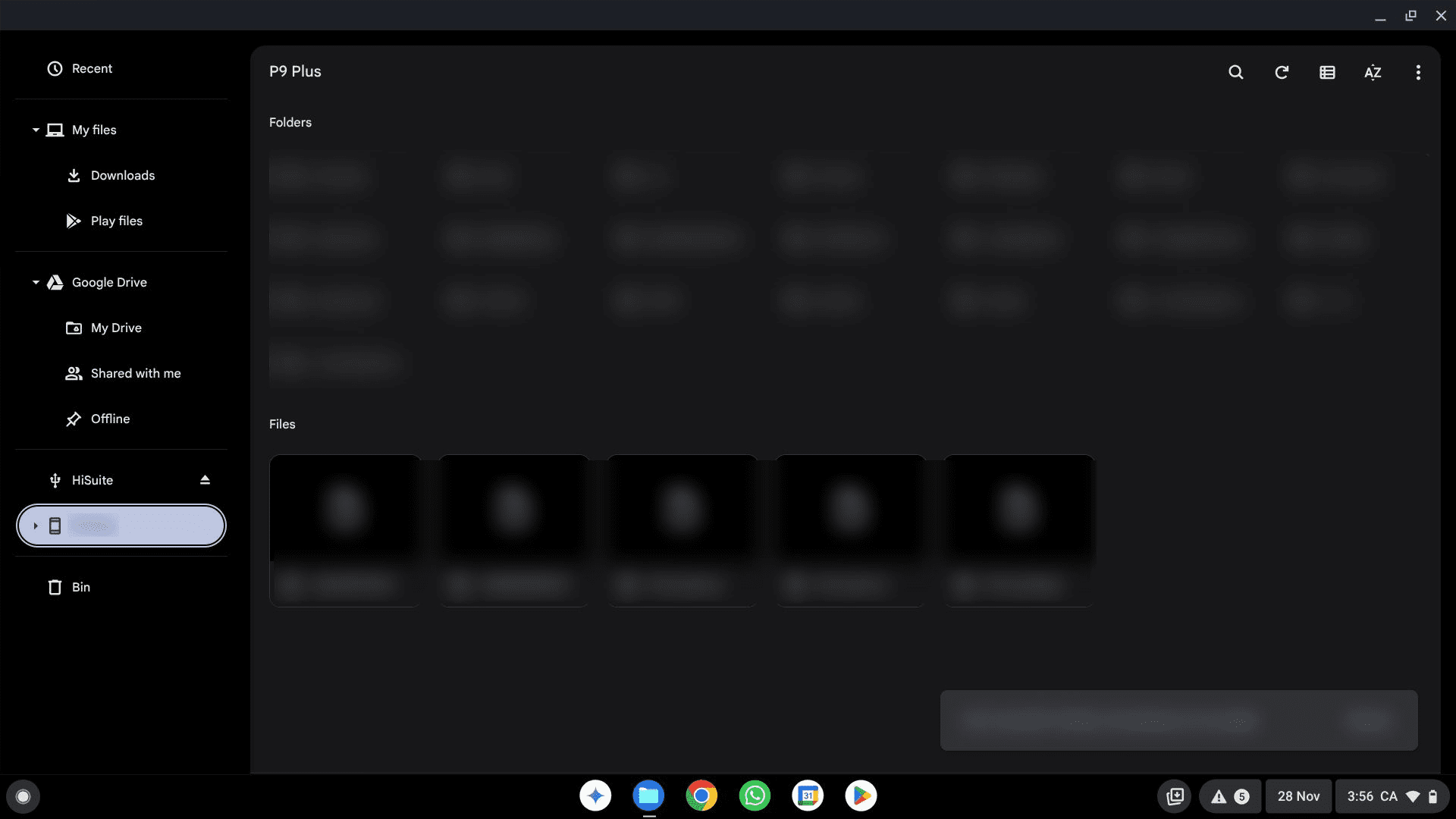 The Chromebook window showing the list of files and folders on a connected Android phone.