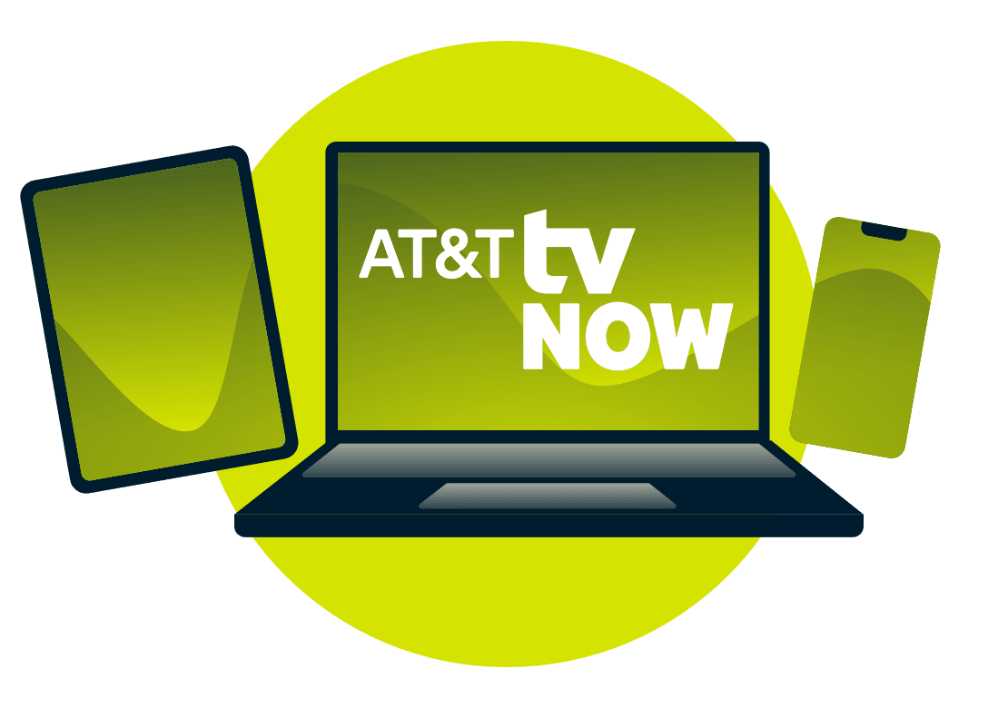 Ein Laptop, ein Tablet und ein Telefon mit dem AT&T TV Now-Logo.